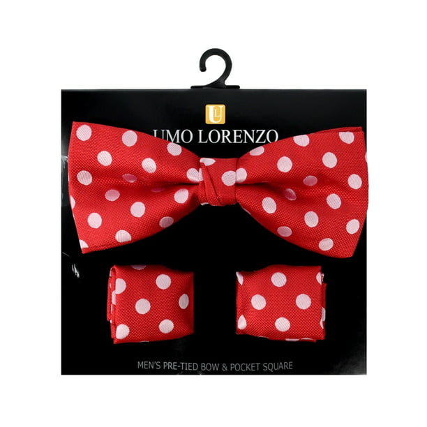 New men's pre-tied polka dot two tone bowtie white hankie set red formal party